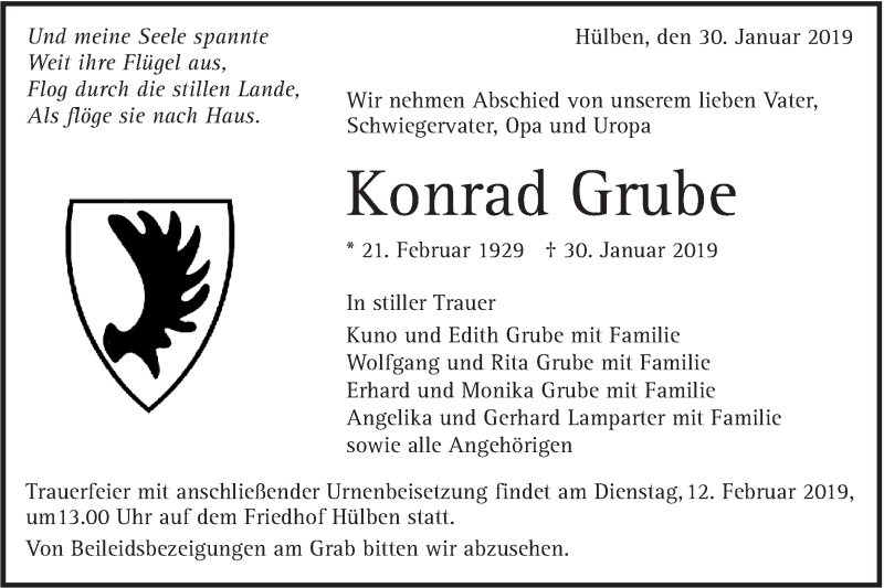  Traueranzeige für Konrad Grube vom 02.02.2019 aus Alb-Bote/Metzinger-Uracher Volksblatt