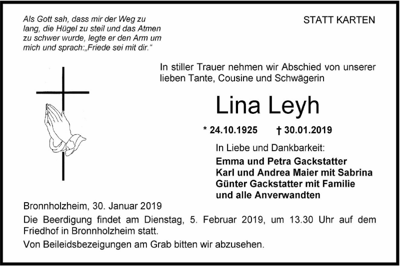  Traueranzeige für Lina Leyh vom 01.02.2019 aus Hohenloher Tagblatt