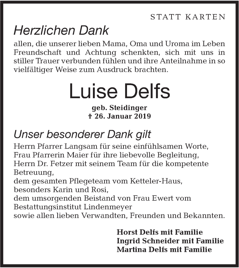  Traueranzeige für Luise Delfs vom 18.02.2019 aus Hohenloher Tagblatt