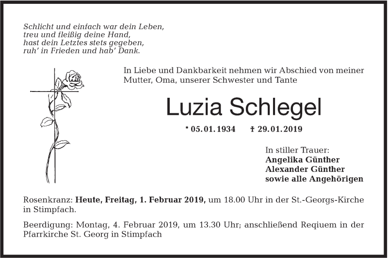  Traueranzeige für Luzia Schlegel vom 01.02.2019 aus Hohenloher Tagblatt