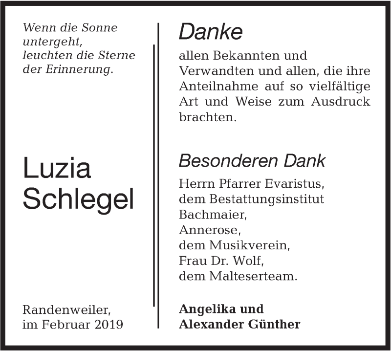  Traueranzeige für Luzia Schlegel vom 19.02.2019 aus Hohenloher Tagblatt