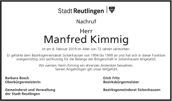 Traueranzeige von Manfred Kimmig von Metzinger-Uracher Volksblatt