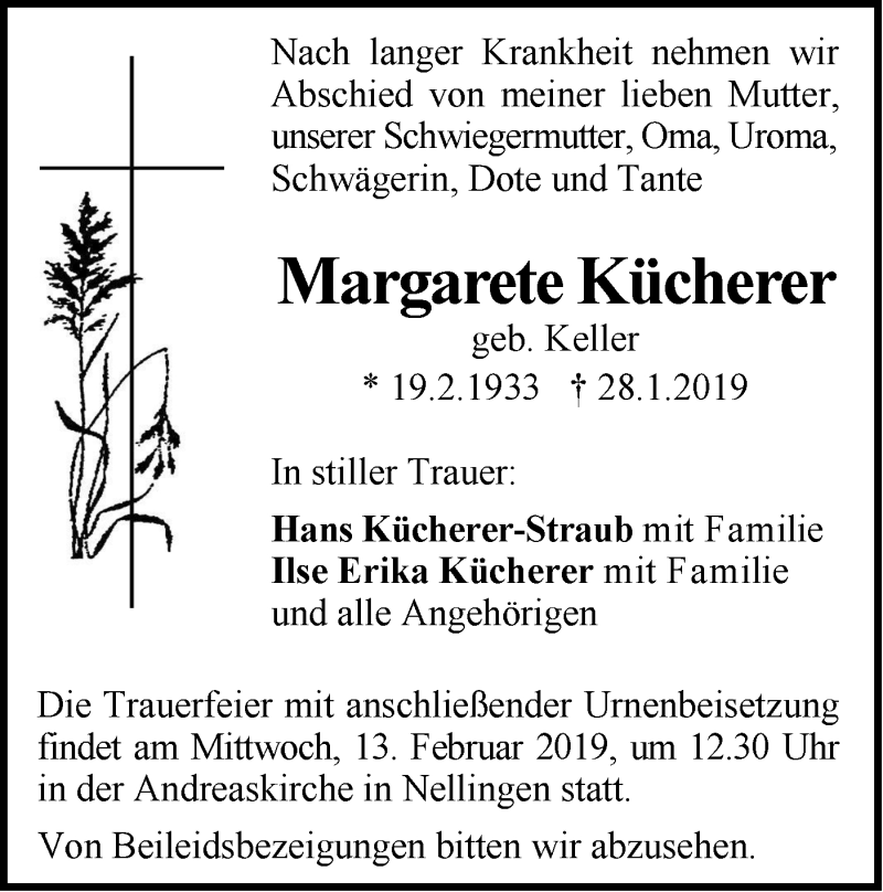  Traueranzeige für Margarete Kücherer vom 11.02.2019 aus SÜDWEST PRESSE Ausgabe Ulm/Neu-Ulm