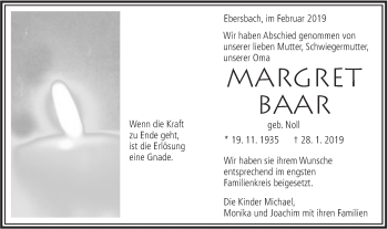 Traueranzeige von Margret Baar von NWZ Neue Württembergische Zeitung
