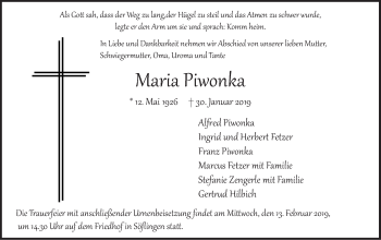 Traueranzeige von Maria Piwonka von SÜDWEST PRESSE Ausgabe Ulm/Neu-Ulm