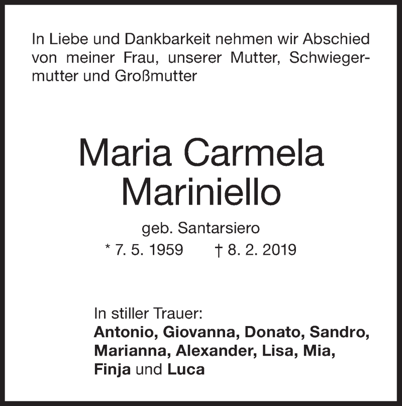  Traueranzeige für Maria Carmela Mariniello vom 12.02.2019 aus NWZ Neue Württembergische Zeitung