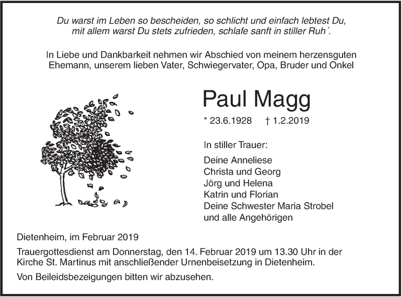  Traueranzeige für Paul Magg vom 09.02.2019 aus Illertal Bote
