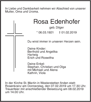 Traueranzeige von Rosa Edenhofer von SÜDWEST PRESSE Ausgabe Ulm/Neu-Ulm