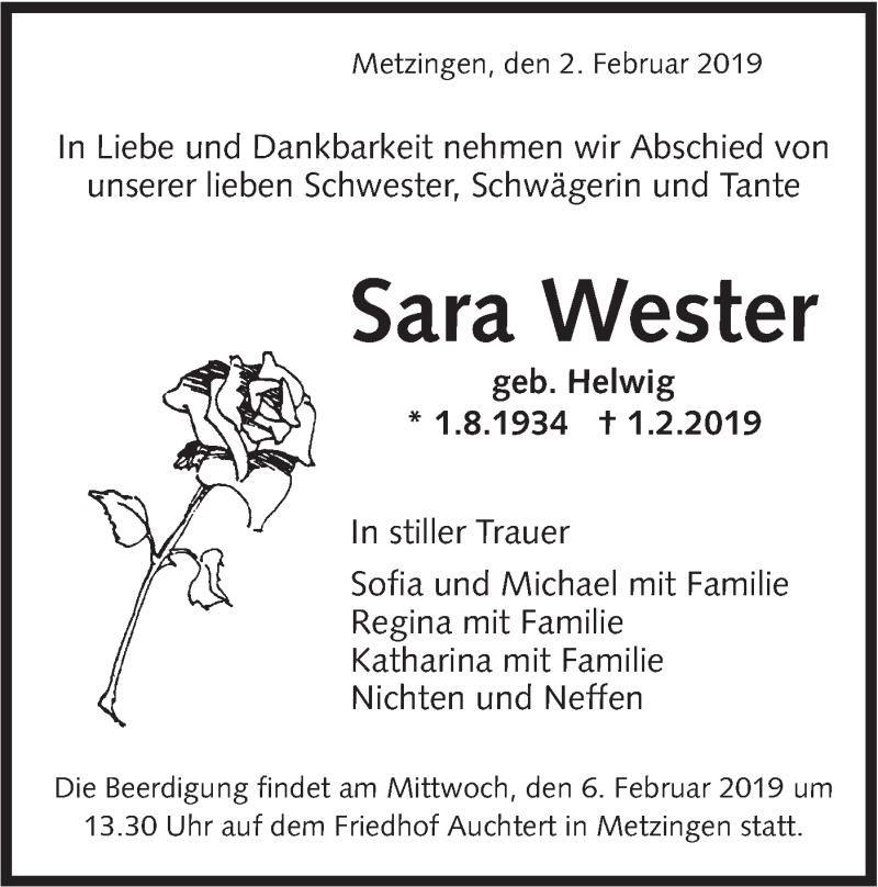  Traueranzeige für Sara Wester vom 02.02.2019 aus Metzinger-Uracher Volksblatt