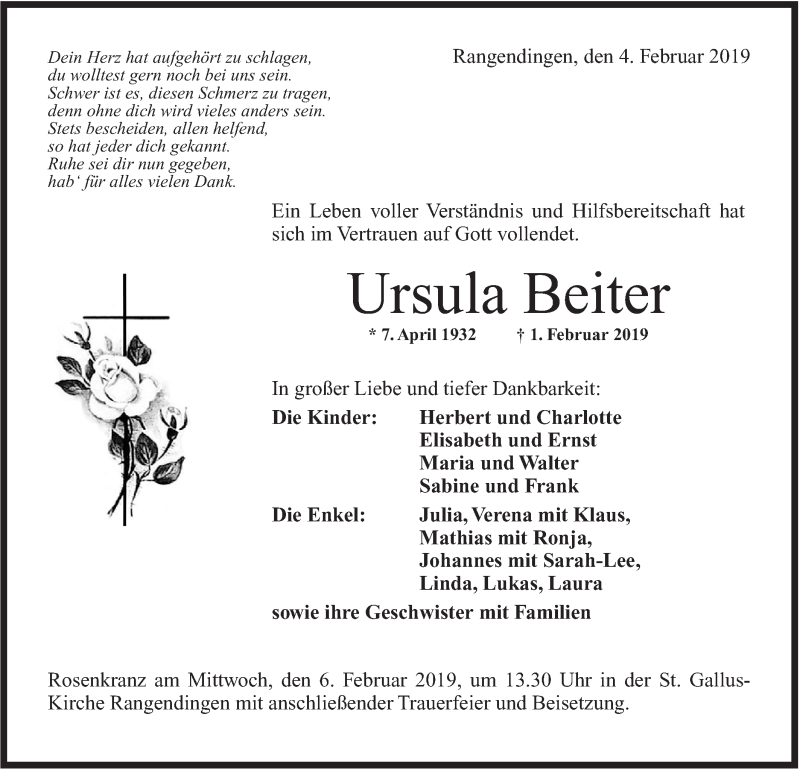  Traueranzeige für Ursula Beiter vom 04.02.2019 aus Hohenzollerische Zeitung