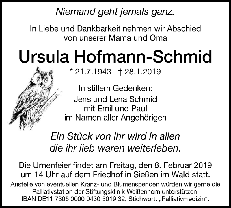  Traueranzeige für Ursula Hofmann-Schmid vom 05.02.2019 aus Illertal Bote