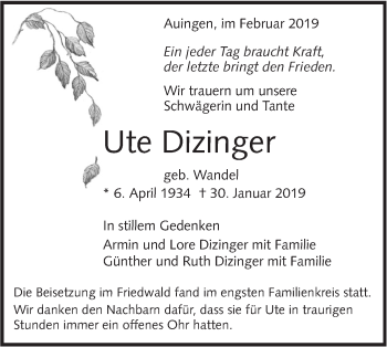 Traueranzeige von Ute Dizinger von Alb-Bote/Metzinger-Uracher Volksblatt