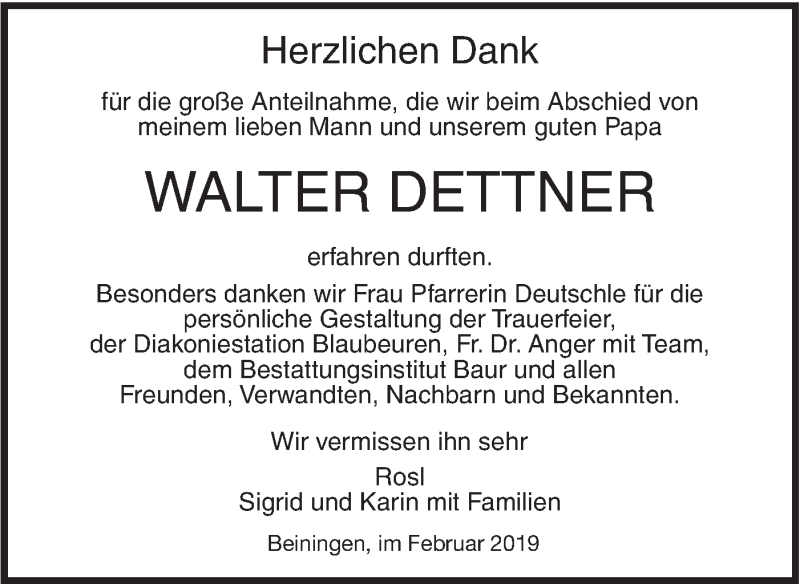  Traueranzeige für Walter Dettner vom 23.02.2019 aus SÜDWEST PRESSE Ausgabe Ulm/Neu-Ulm