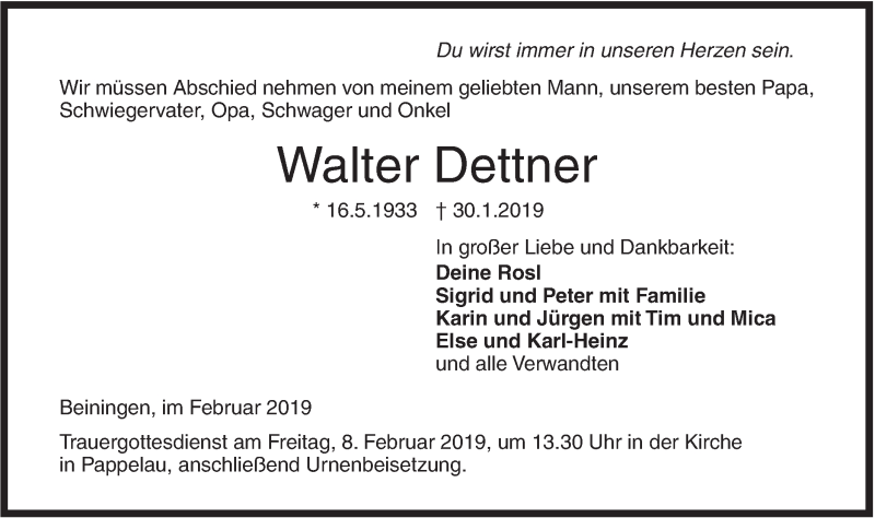  Traueranzeige für Walter Dettner vom 04.02.2019 aus SÜDWEST PRESSE Ausgabe Ulm/Neu-Ulm
