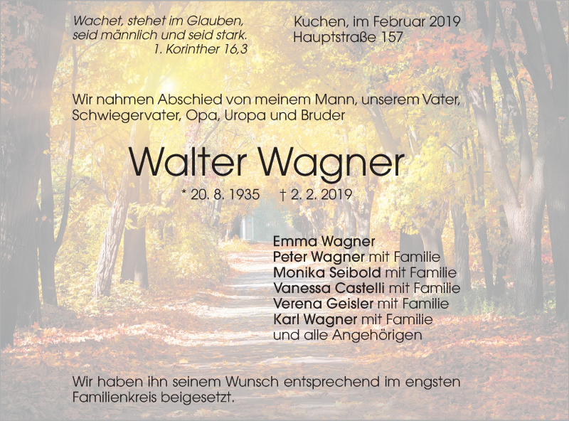  Traueranzeige für Walter Wagner vom 09.02.2019 aus Geislinger Zeitung