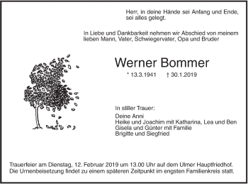 Traueranzeige von Werner Bommer von SÜDWEST PRESSE Ausgabe Ulm/Neu-Ulm