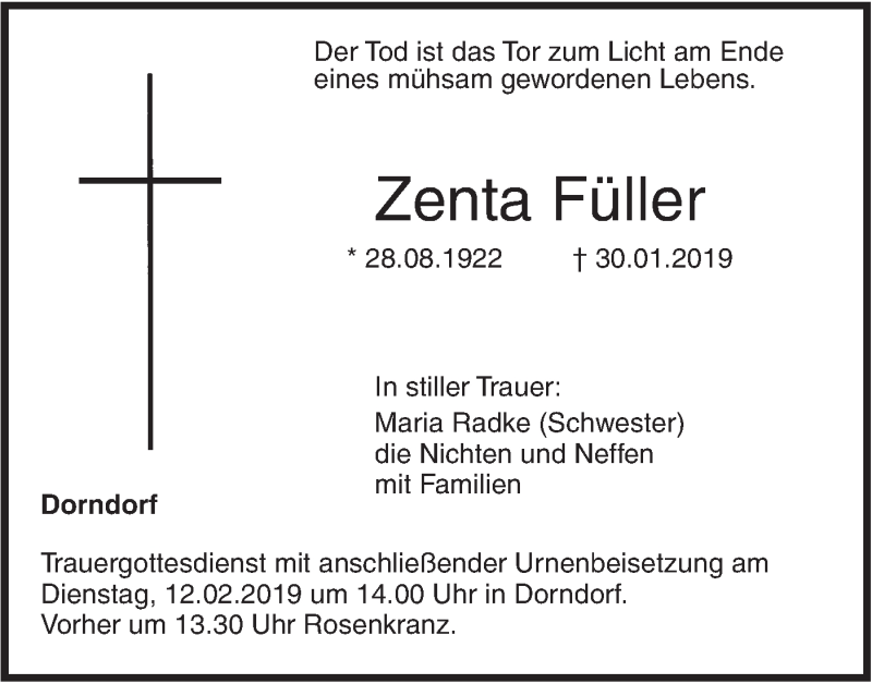  Traueranzeige für Zenta Füller vom 06.02.2019 aus Illertal Bote
