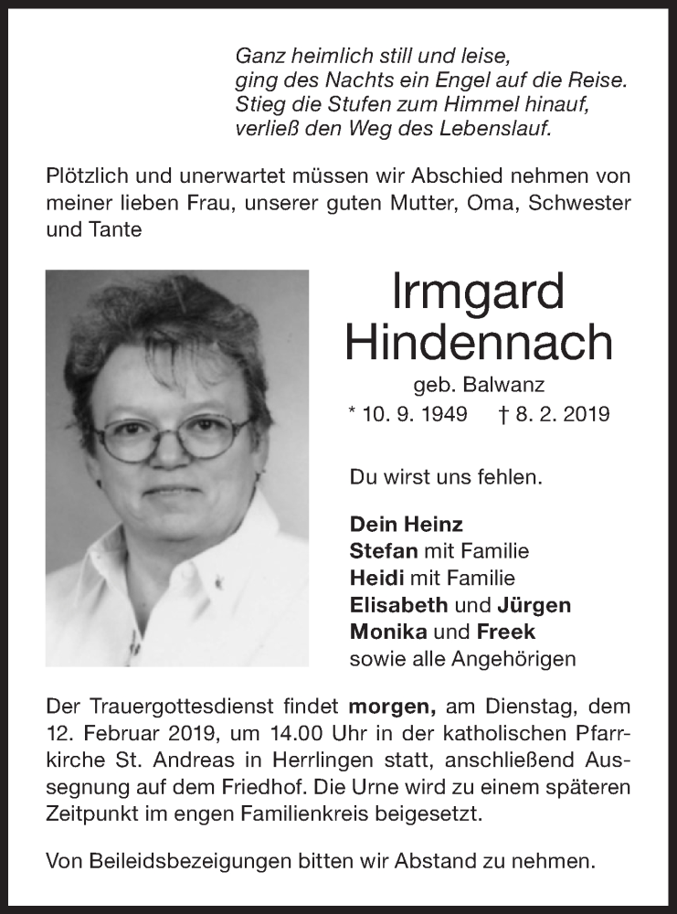  Traueranzeige für lrmgard Hindennach vom 11.02.2019 aus SÜDWEST PRESSE Ausgabe Ulm/Neu-Ulm