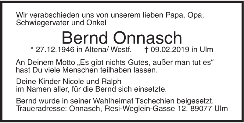  Traueranzeige für Bernd Onnasch vom 02.03.2019 aus SÜDWEST PRESSE Ausgabe Ulm/Neu-Ulm