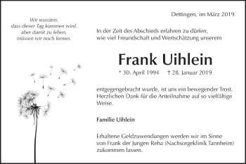 Traueranzeige von Frank Uihlein von Metzinger-Uracher Volksblatt