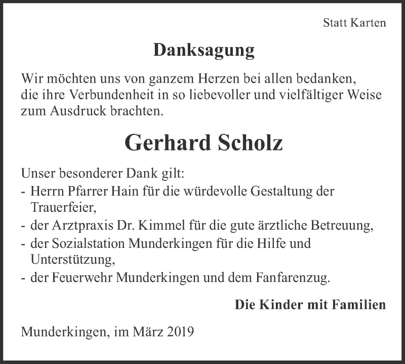  Traueranzeige für Gerhard Scholz vom 02.03.2019 aus Ehinger Tagblatt