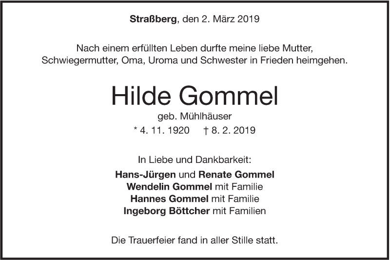 Traueranzeige für Hilde Gommel vom 02.03.2019 aus Geislinger Zeitung