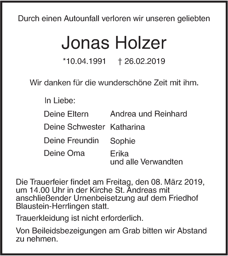  Traueranzeige für Jonas Holzer vom 05.03.2019 aus SÜDWEST PRESSE Ausgabe Ulm/Neu-Ulm