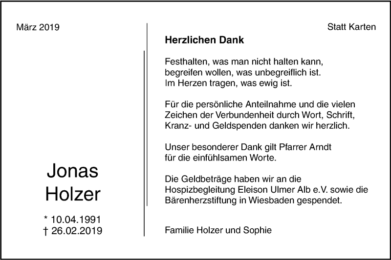  Traueranzeige für Jonas Holzer vom 22.03.2019 aus SÜDWEST PRESSE Ausgabe Ulm/Neu-Ulm
