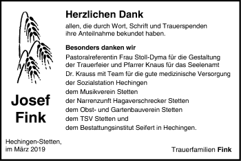 Traueranzeige von Josef Fink von Hohenzollerische Zeitung
