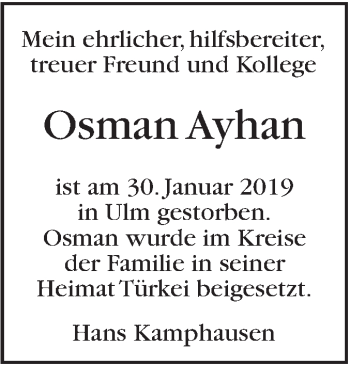 Traueranzeige von Osman Ayhan von SÜDWEST PRESSE Ausgabe Ulm/Neu-Ulm