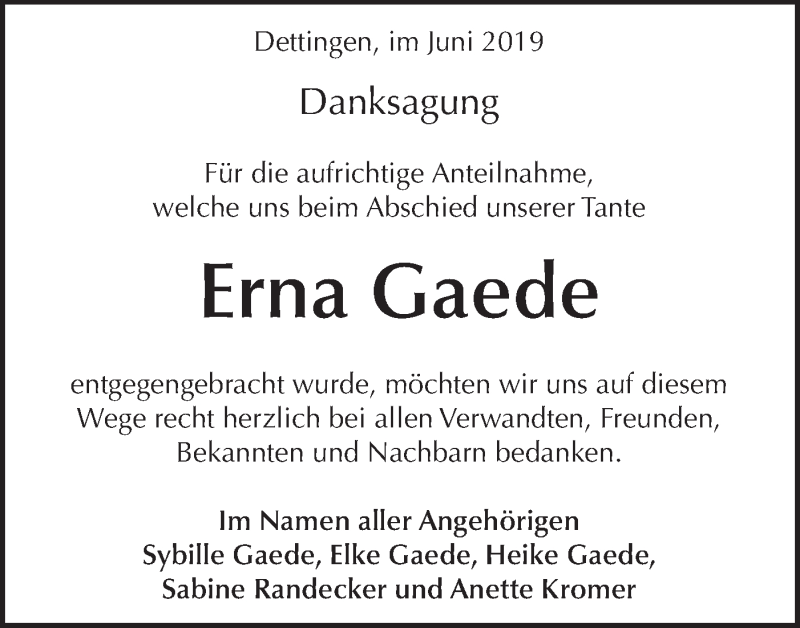  Traueranzeige für Erna Gaede vom 19.06.2019 aus Metzinger-Uracher Volksblatt