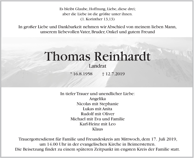  Traueranzeige für Thomas Reinhardt vom 15.07.2019 aus SÜDWEST PRESSE Ausgabe Ulm/Neu-Ulm