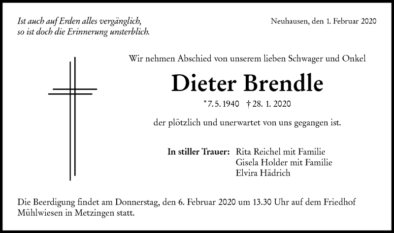  Traueranzeige für Dieter Brendle vom 01.02.2020 aus Metzinger-Uracher Volksblatt