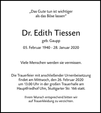 Traueranzeige von Edith Tiessen von SÜDWEST PRESSE Ausgabe Ulm/Neu-Ulm