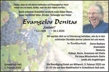 Traueranzeige von Evangelos Denitas von Haller Tagblatt