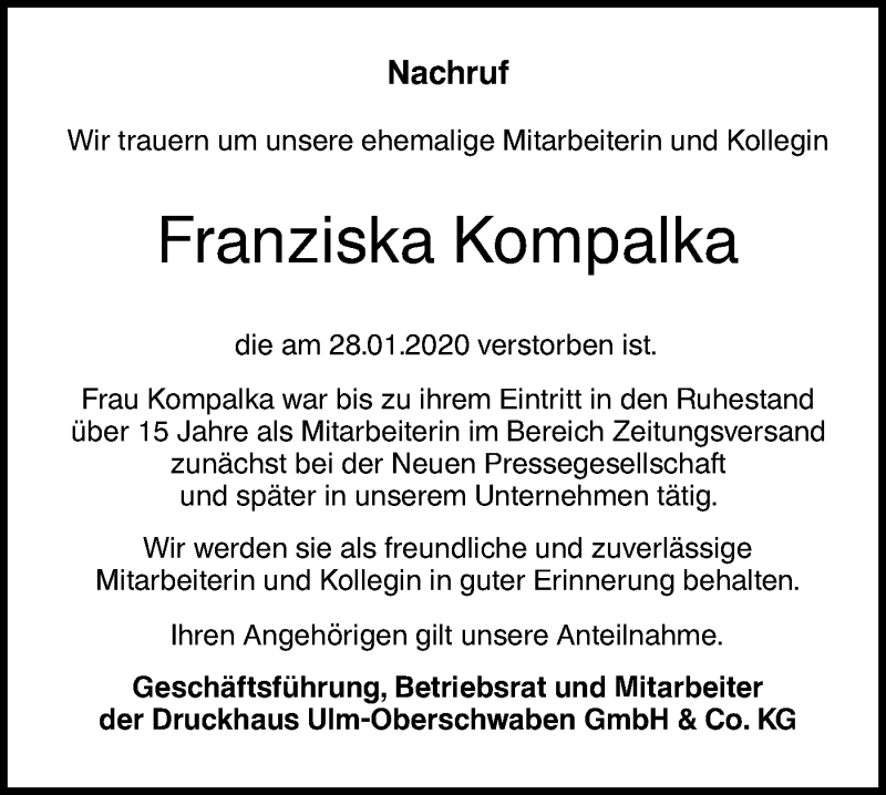  Traueranzeige für Franziska Kompalka vom 01.02.2020 aus SÜDWEST PRESSE Ausgabe Ulm/Neu-Ulm