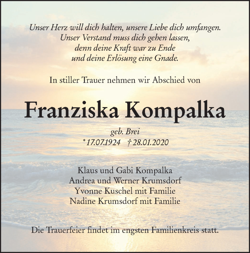  Traueranzeige für Franziska Kompalka vom 01.02.2020 aus SÜDWEST PRESSE Ausgabe Ulm/Neu-Ulm