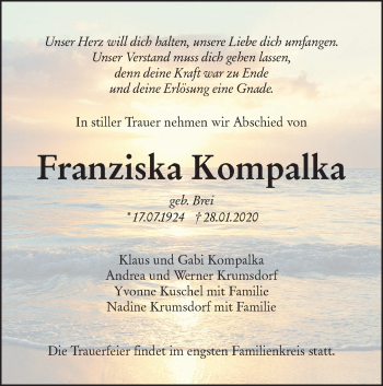 Traueranzeige von Franziska Kompalka von SÜDWEST PRESSE Ausgabe Ulm/Neu-Ulm