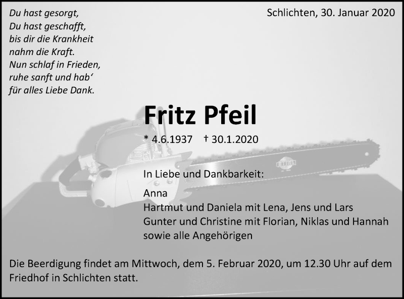  Traueranzeige für Fritz Pfeil vom 01.02.2020 aus NWZ Neue Württembergische Zeitung