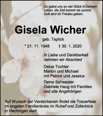 Traueranzeige von Gisela Wicher von Hohenzollerische Zeitung