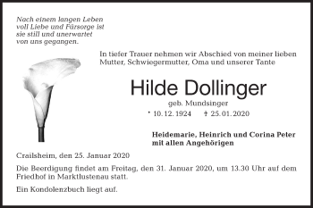 Traueranzeige von Hilde Dollinger von Hohenloher Tagblatt