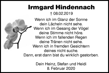 Traueranzeige von Irmgard Hindennach von SÜDWEST PRESSE Ausgabe Ulm/Neu-Ulm