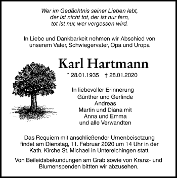 Traueranzeige von Karl Hartmann von SÜDWEST PRESSE Ausgabe Ulm/Neu-Ulm