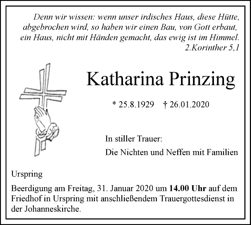  Traueranzeige für Katharina Prinzing vom 29.01.2020 aus Geislinger Zeitung