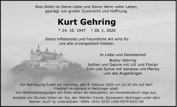 Traueranzeige von Kurt Gehring von Hohenzollerische Zeitung