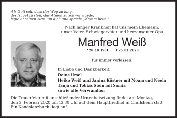 Traueranzeige von Manfred Weiß von Hohenloher Tagblatt