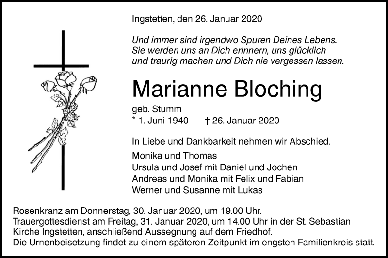  Traueranzeige für Marianne Bloching vom 29.01.2020 aus Metzinger-Uracher Volksblatt