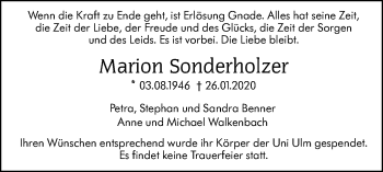 Traueranzeige von Marion Sonderholzer von SÜDWEST PRESSE Ausgabe Ulm/Neu-Ulm