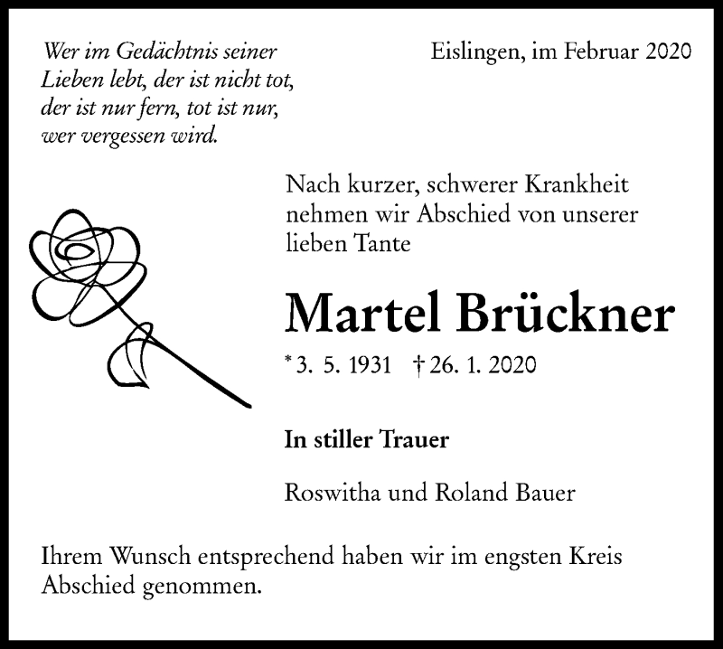  Traueranzeige für Martel Brückner vom 27.02.2020 aus NWZ Neue Württembergische Zeitung