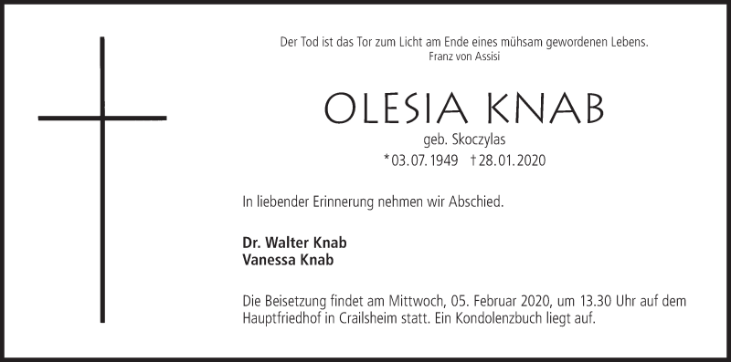  Traueranzeige für Olesia Knab vom 01.02.2020 aus Hohenloher Tagblatt